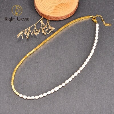 Right Grand Women Fashion 18K Gold Plated Splicing Half Chain Square Beads Irregular Fresh Water Natural Pearl Necklace