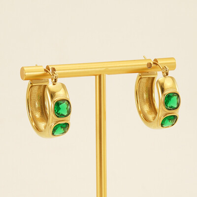 Right Grand 18K Gold Plated Women Fashion Jewelry Stainless Steel Cubic Zirconia Green Stone Hoop Earrings
