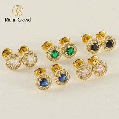 Right Grand Luxury Women Trendy Cz Jewelry Round Green Cubic Zirconia 18K Gold Plated Stainless Steel Stud Earrings