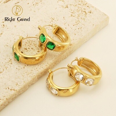 Right Grand 18K Gold Plated Women Fashion Jewelry Stainless Steel Cubic Zirconia Green Stone Hoop Earrings