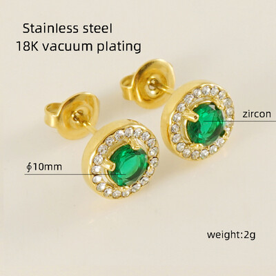 Right Grand Luxury Women Trendy Cz Jewelry Round Green Cubic Zirconia 18K Gold Plated Stainless Steel Stud Earrings