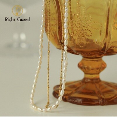 Right Grand New Trendy Gold Plated Stainless Steel Double Layer Beaded Chain Freshwater Natural Pearl Choker Necklace