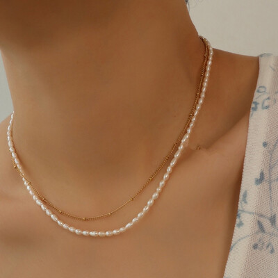 Right Grand New Trendy Gold Plated Stainless Steel Double Layer Beaded Chain Freshwater Natural Pearl Choker Necklace