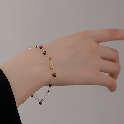 Right Grand Vintage 18K Gold Plated Women Jewelry Stainless Steel Natural Burgundy Garnet Stone Bead Bracelet