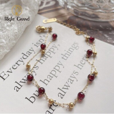 Right Grand Vintage 18K Gold Plated Women Jewelry Stainless Steel Natural Burgundy Garnet Stone Bead Bracelet