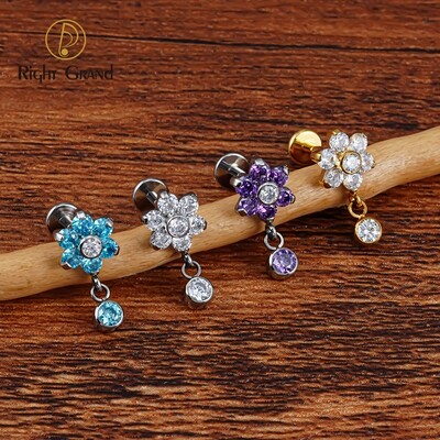 Right Grand 16G Internal Thread Flower CZ Drop Dangle ASTM F136 Titanium Flat Earring Tragus Helix Lobe Stud Flat Piercing