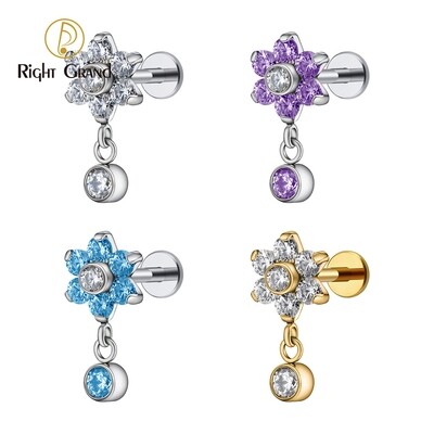 Right Grand 16G Internal Thread Flower CZ Drop Dangle ASTM F136 Titanium Flat Earring Tragus Helix Lobe Stud Flat Piercing