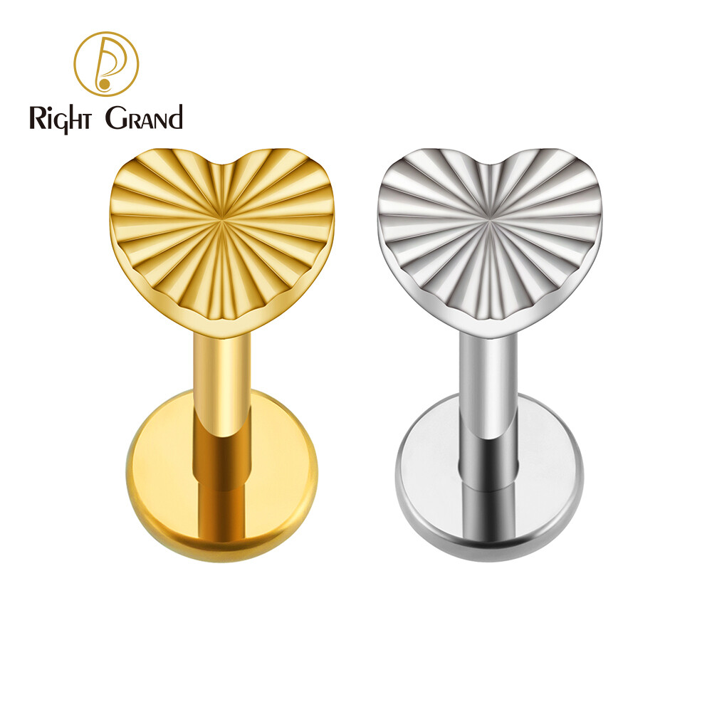 Right Grand ASTM F136 Titanium 16G Internal Thread Heart Internally Threaded Labret Tragus Stud Monroe Cartilage Helix Lip Ring Flat Piercing