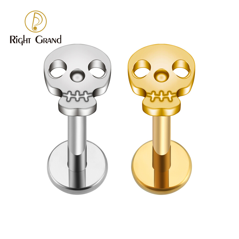 Right Grand ASTM F136 Titanium 16G Internal Thread Punk Hollow Skull Tragus Stud Earring Cartilage Helix Lip Ring Halloween Piercing Jewelry