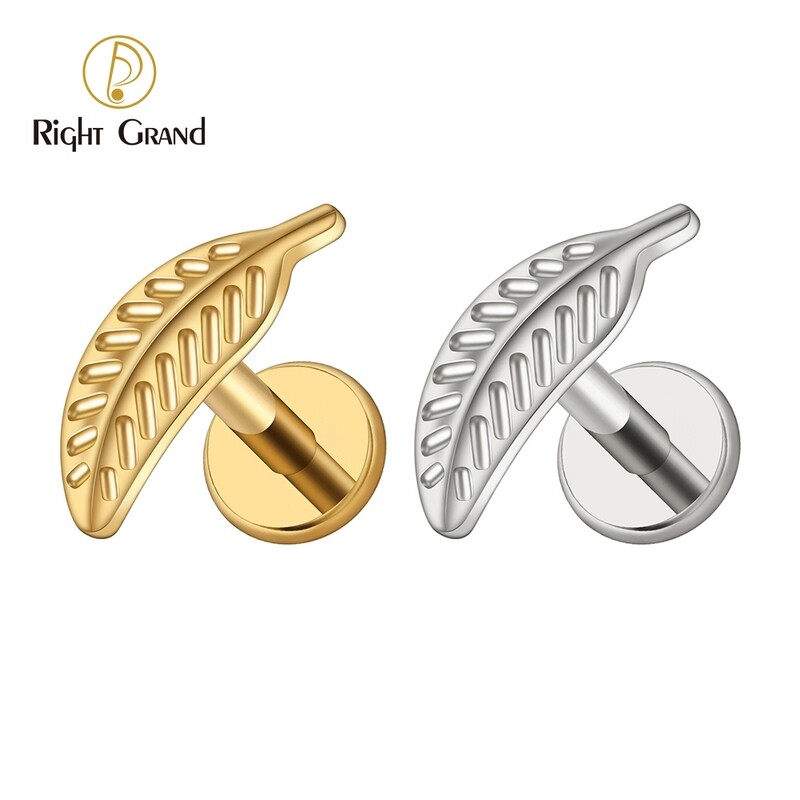 Right Grand ASTM F136 Titanium 16G Internal Thread Leaf Cartilage Stud Earring Feather Tragus Helix Medusa Monroe Ear Lobe Flat Piercing Jewelry