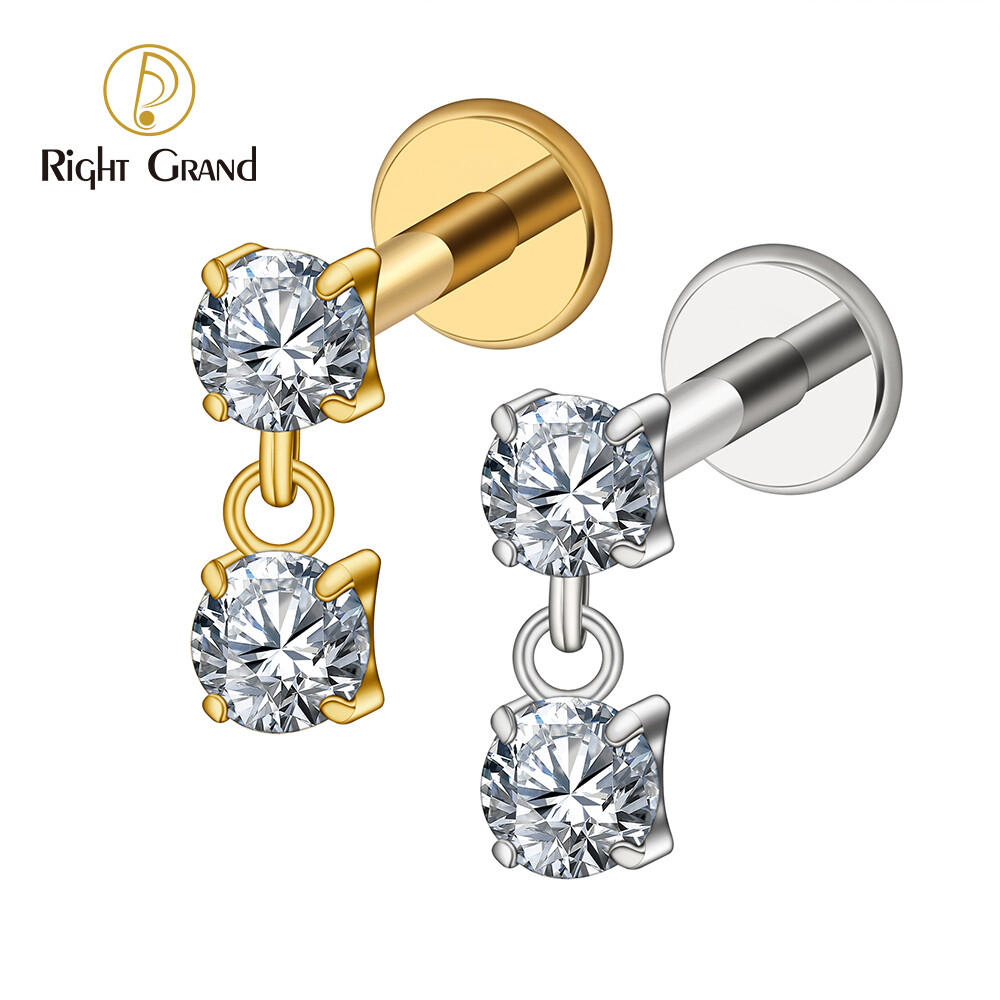 Right Grand ASTM F136 Titanium 16G Internal Thread Double CZ Floating Dangle Tragus Helix Cartilage Stud Internally Threaded Charm Drop Earring