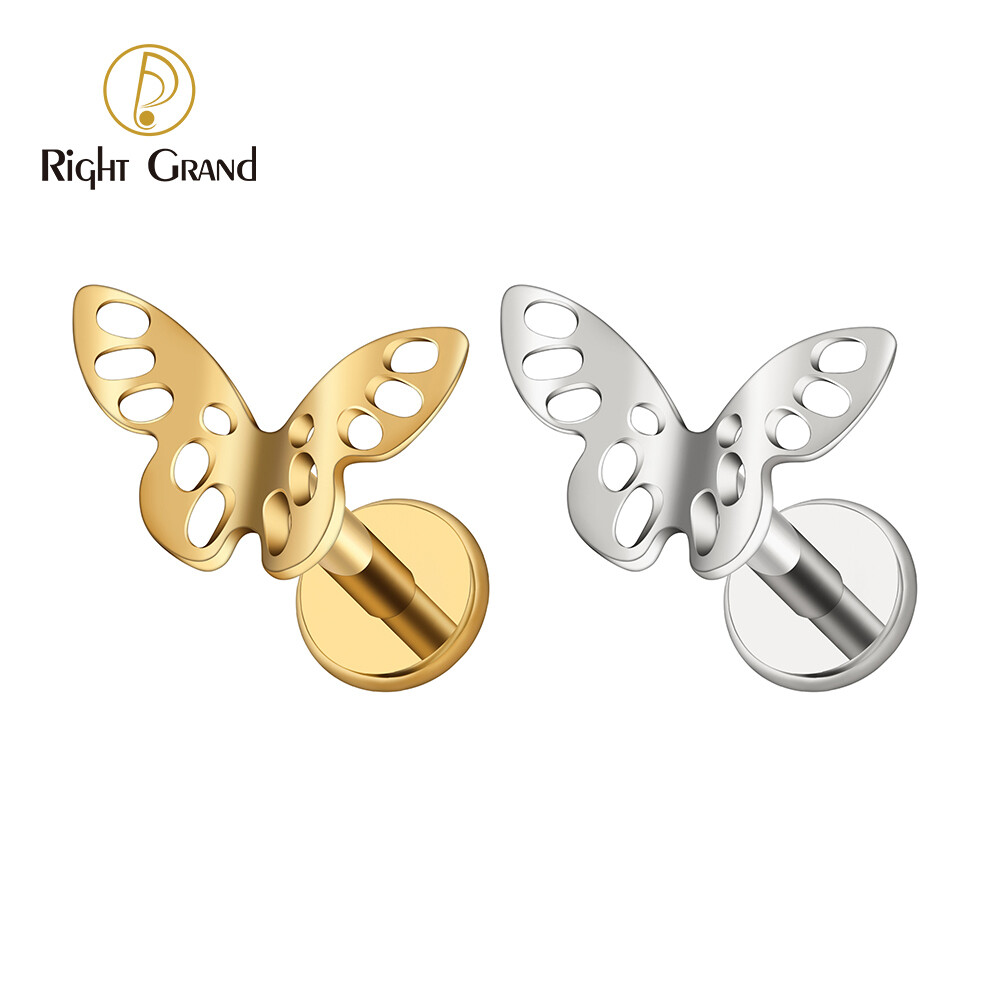 Right Grand ASTM F136 Titanium 16G Internal Thread Hollow Butterfly Tragus Stud Earring Cartilage Helix Lip Ring Ear Lobe Flat Piercing Jewelry