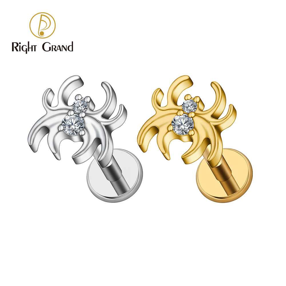 Right Grand ASTM F136 Titanium 16G Internal Thread CZ Spider Labret Tragus Cartilage Conch Helix Stud Earring Flat Piercing Halloween Jewelry