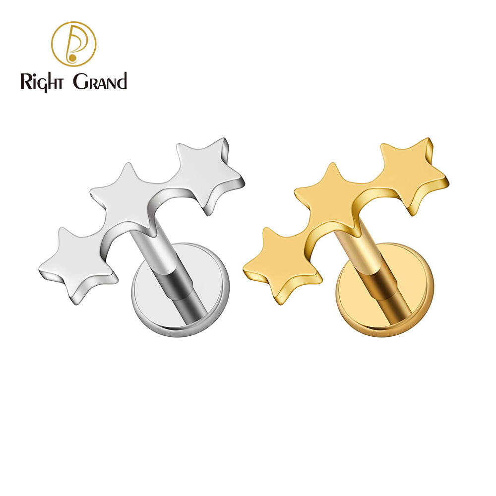 Right Grand ASTM F136 Titanium 16G Internal Threaded Tiny Triple Star Helix Cartilage Tragus Earring 3 Star Cluster Lip Stud Flat Piercing Jewelry