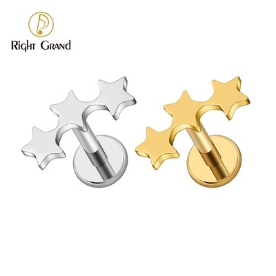 Right Grand ASTM F136 Titanium 16G Internal Threaded Tiny Triple Star Helix Cartilage Tragus Earring 3 Star Cluster Lip Stud Flat Piercing Jewelry