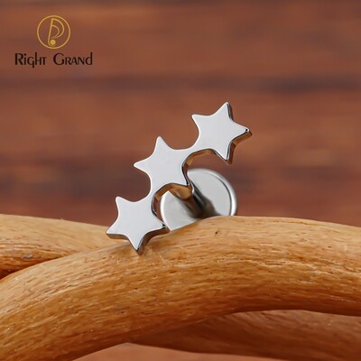 Right Grand ASTM F136 Titanium 16G Internal Threaded Tiny Triple Star Helix Cartilage Tragus Earring 3 Star Cluster Lip Stud Flat Piercing Jewelry