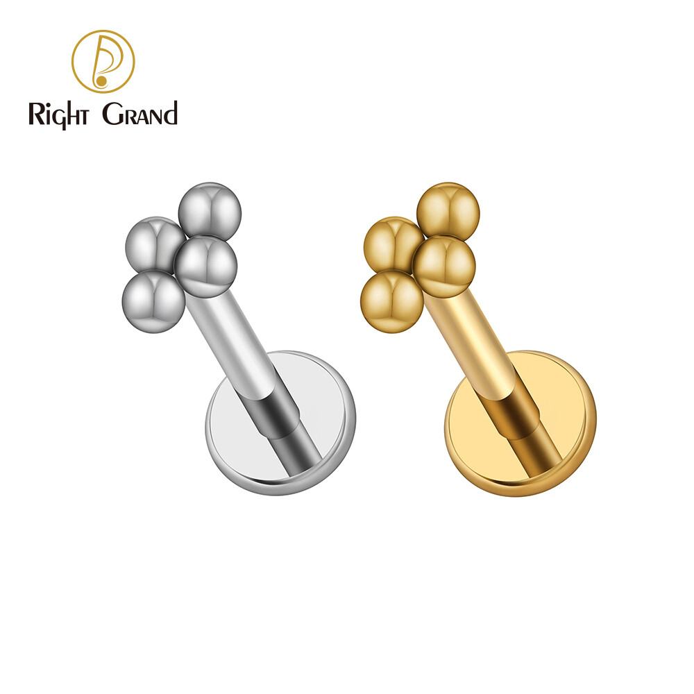 Right Grand ASTM F136 Titanium 16G Internal Threaded Mini 4 Bead Cluster Labret Lip Ring Tragus Cartilage Helix Conch Earring Stud Nose Piercing