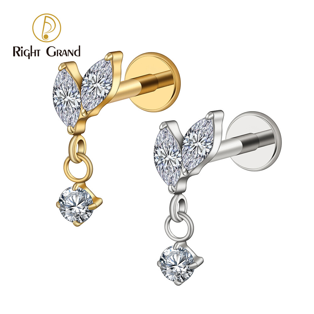 Right Grand ASTM F136 Titanium Internal Threaded Double Marquises with CZ Dangle Stud Earring Cartilage Helix Tragus Flat Back Piercing Jewelry
