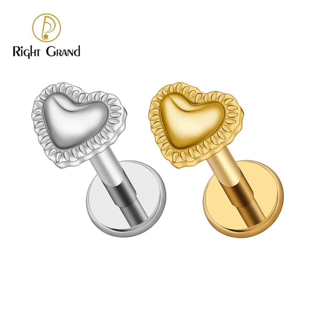 Right Grand ASTM F136 Titanium 16G Internal Threaded Heart Labret Lip Cartilage Stud Earring Monroe Helix Tragus Conch Ear Piercing Body Jewelry