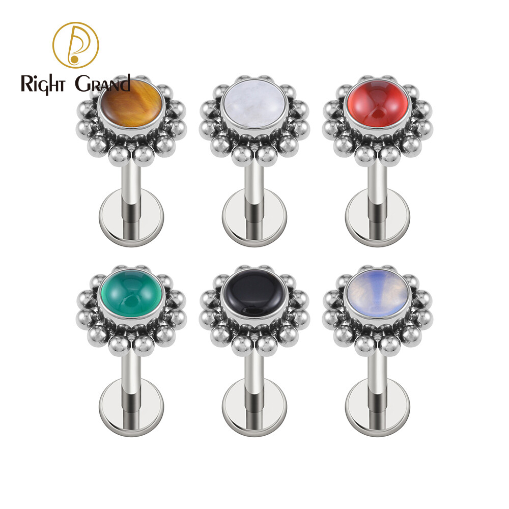 Right Grand ASTM F136 Titanium 16G Flower Labret Stud Earring with Natural Stone Helix Cartilage Tragus Conch Piercing