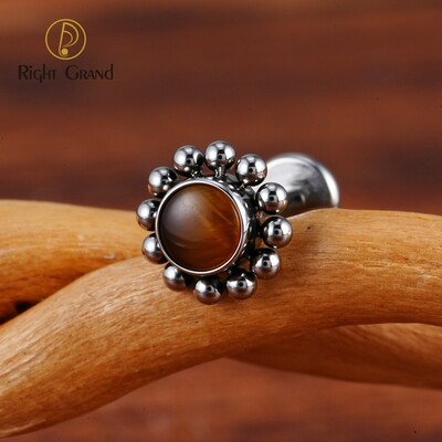 Right Grand ASTM F136 Titanium 16G Flower Labret Stud Earring with Natural Stone Helix Cartilage Tragus Conch Piercing