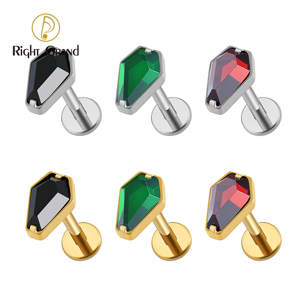 Right Grand ASTM F136 Titanium 16G Internal Thread Coffin Shaped CZ Labret Tragus Monroe Cartilage Conch Helix Stud Earring Flat Piercing