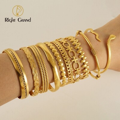 Right Grand Trendy Anti Tarnish Fashion Jewelry Stainless Steel Gold Open Cuff Chunky Bangles Bracelet For Women