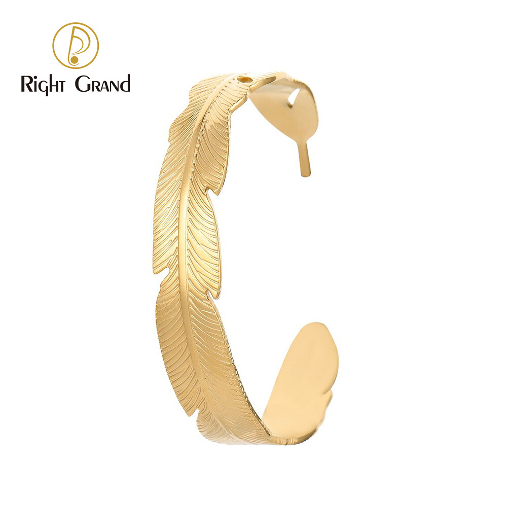 Right Grand Fashion Jewelry Women Stainless Steel Gold Plated Feather Open Cuff Chunky Bracelet Leaf Bangle