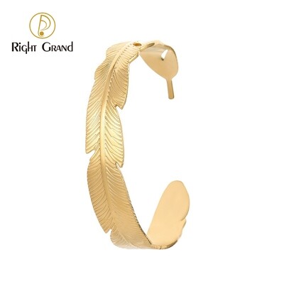 Right Grand Fashion Jewelry Women Stainless Steel Gold Plated Feather Open Cuff Chunky Bracelet Leaf Bangle