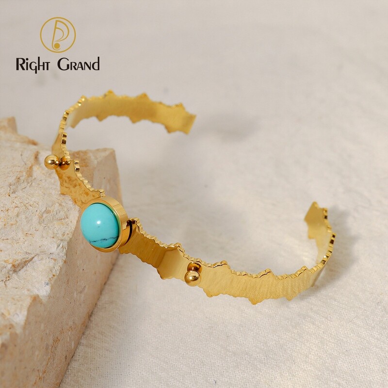 Right Grand Vintage Dainty Luxury Jewelry Stainless Steel Gold Plated Turquoise Cuff Bracelet Natural Stone Bangles