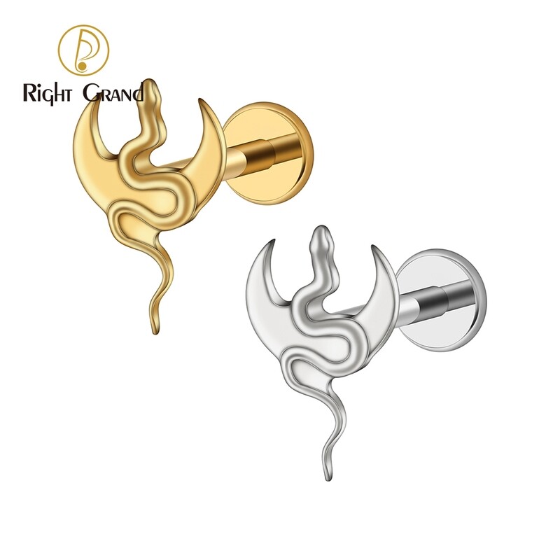 Right Grand ASTM F136 Titanium Internal Threaded Moon Snake Stud Earring 16G Gothic Snake Helix Cartilage Halloween Flatback Stud Piercing Jewelry