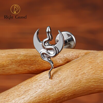 Right Grand ASTM F136 Titanium Internal Threaded Moon Snake Stud Earring 16G Gothic Snake Helix Cartilage Halloween Flatback Stud Piercing Jewelry