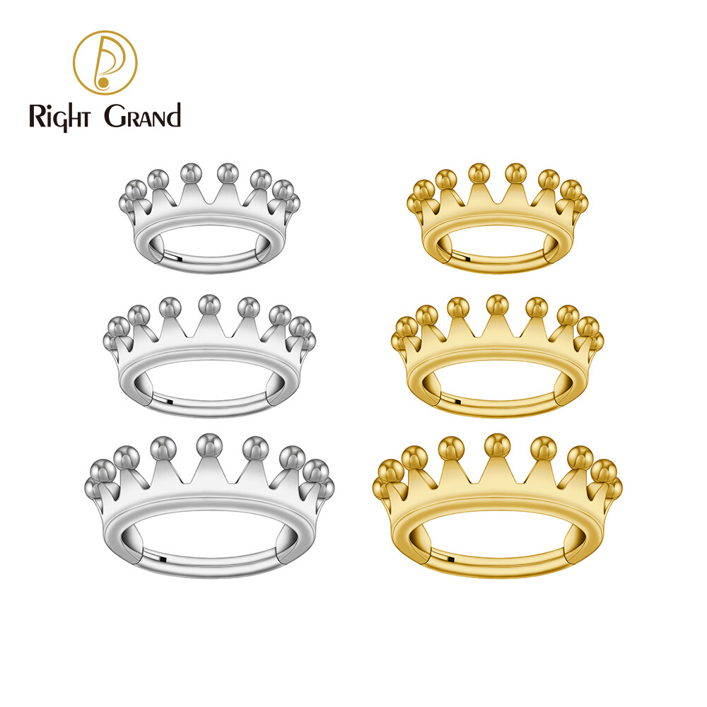 Right Grand ASTM F136 Titanium Princess Crown Hinged Hoop Conch Earring 16G Crown Cartilage Helix Earlobe Piercing Body Jewelry