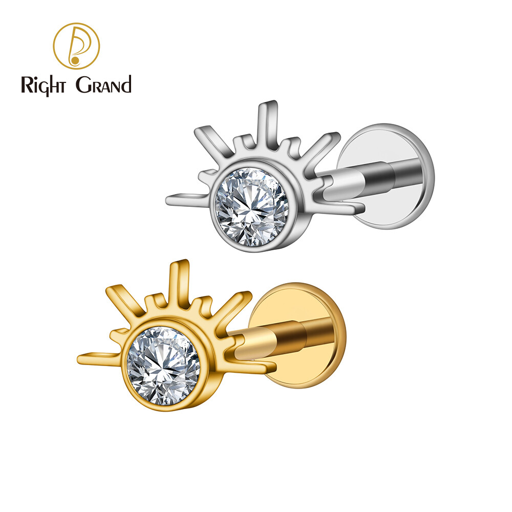 Right Grand ASTM F136 Titanium Internal Threaded Starburst Half with CZ Cartilage Earring Piercing 16G Star Helix Tragus Labret Stud Body Jewelry