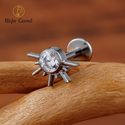 Right Grand ASTM F136 Titanium Internal Threaded Starburst Half with CZ Cartilage Earring Piercing 16G Star Helix Tragus Labret Stud Body Jewelry