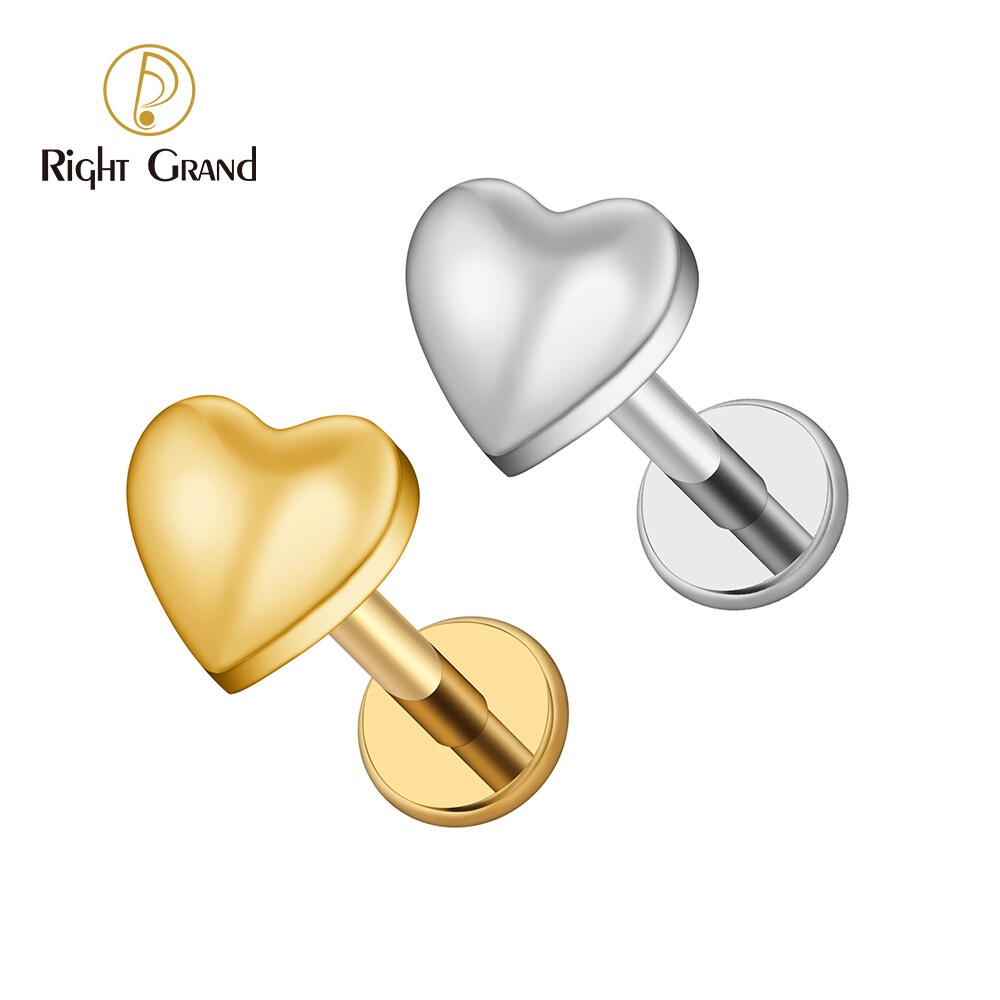 Right Grand ASTM F136 Titanium 16G Internal Threaded Heart Flat Back Labret Monroe Lip Cartilage Helix Tragus Conch Ear Lobe Stud Body Jewelry