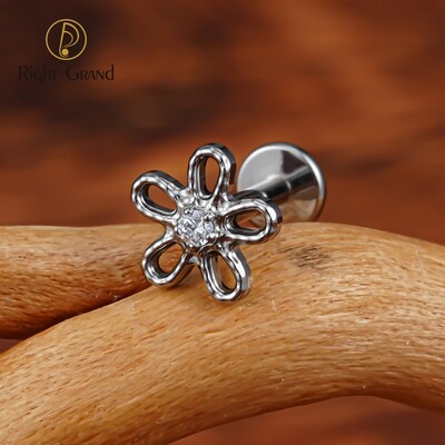Right Grand ASTM F136 Titanium 16G Internal Threaded Flower Cartilage Stud with CZ Helix Tragus Ear Piercing Center Jeweled Flower Body Jewelry