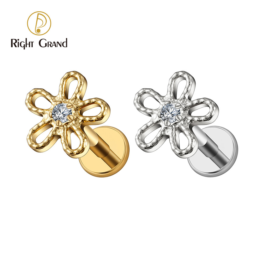 Right Grand ASTM F136 Titanium 16G Internal Threaded Flower Cartilage Stud with CZ Helix Tragus Ear Piercing Center Jeweled Flower Body Jewelry
