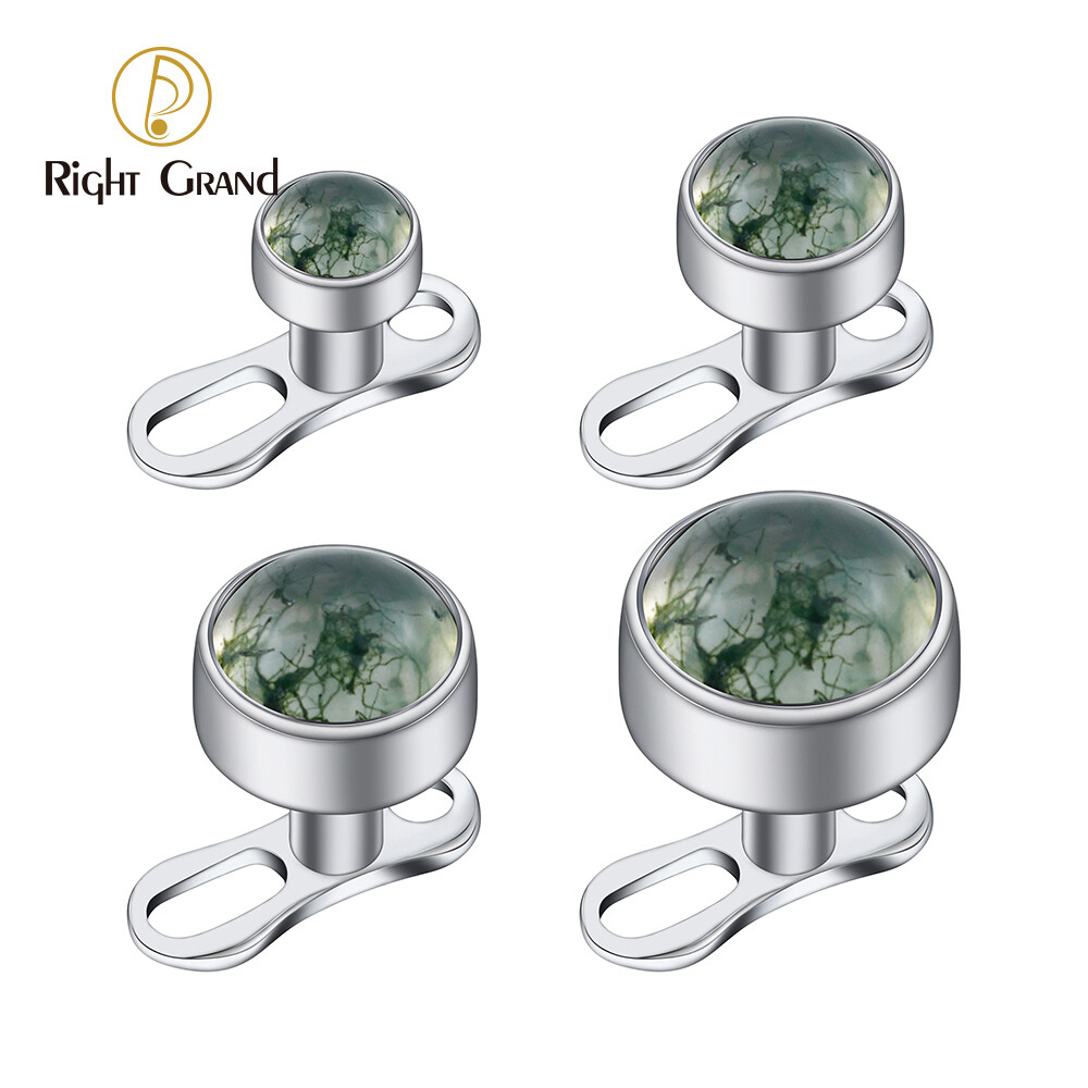 Right Grand ASTM F136 Titanium 14G Dermal Anchor Top with Natural Green Moss Agate Base Microdermal Piercing Body Jewelry