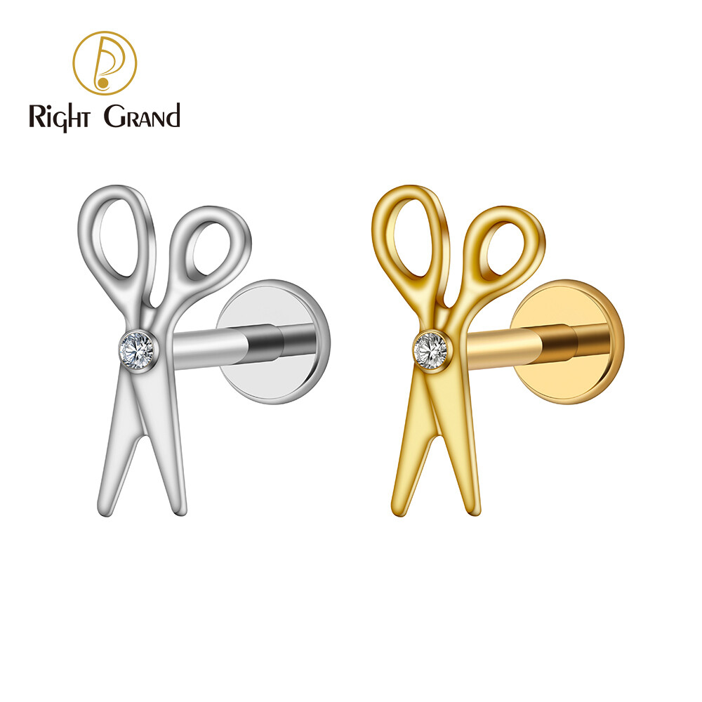 Right Grand ASTM F136 Titanium Internal Threaded Tiny Scissors Shape Cartilage Earring with CZ 16G Scissors Labret Monroe Tragus Helix Piercing