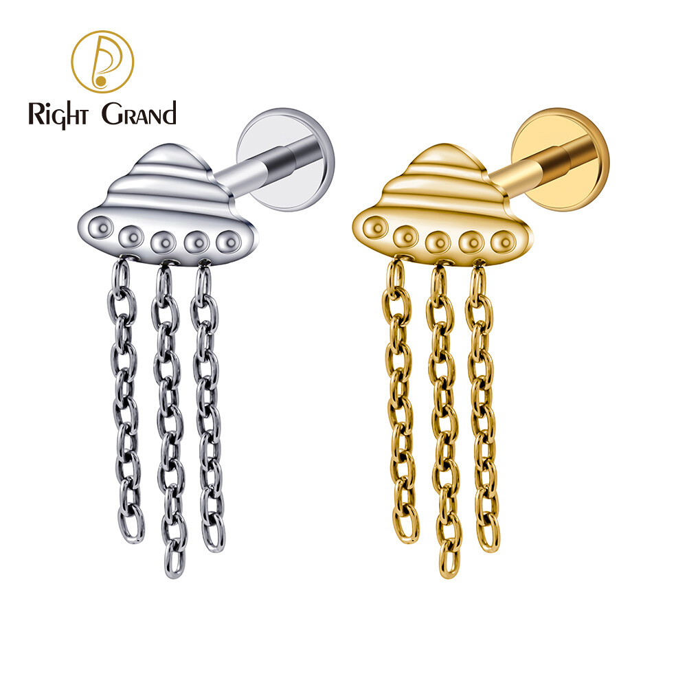 Right Grand ASTM F136 Titanium 16G Internal Threaded UFO Stud Earring with Tassel Chain Cute Spaceship Cartilage Helix Tragus Labret Lip Piercing