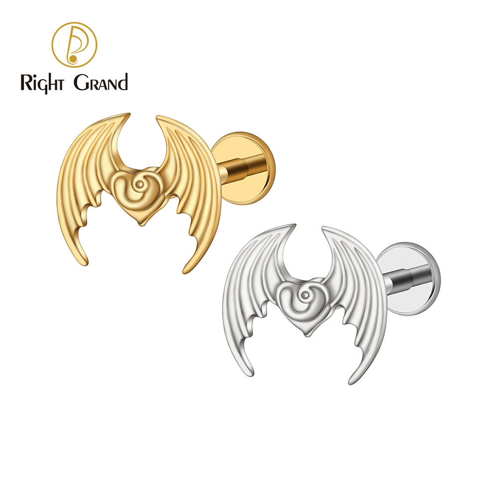 Right Grand ASTM F136 Titanium 16G Internal Threaded Dragon Bat Demon Wing Stud Earring Heart Helix Labret Lip Flat Back Piercing Body Jewelry