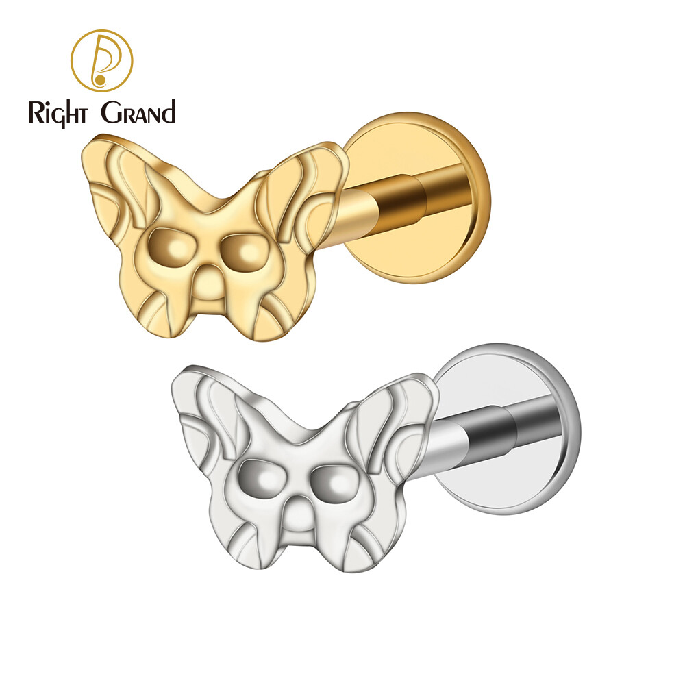 Right Grand ASTM F136 Titanium 16G Internal Threaded Butterfly Labret Stud Halloween Skull Cartilage Earring Tragus Helix Earlobe Piercing Jewelry