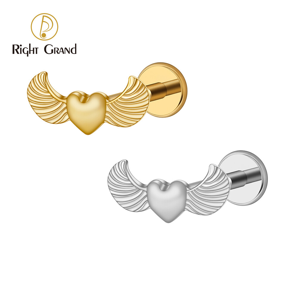 Right Grand ASTM F136 Titanium 16G Internal Threaded Winged Heart Labret Monroe Lip Heart Wing Stud Earring Tragus Cartilage Piercing Body Jewelry