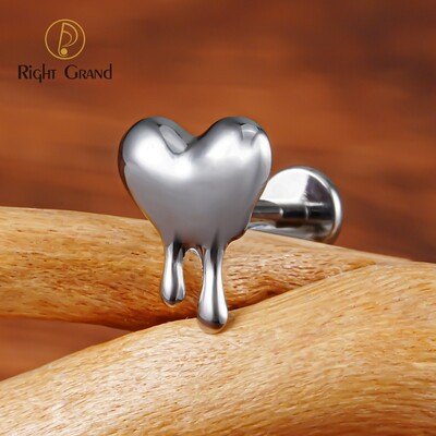 Right Grand ASTM F136 Titanium 16G Internal Threaded Melting Heart Earring Love Molten Heart Tragus Helix Cartilage Flatback Stud Piercing Jewelry