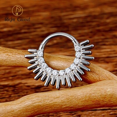 Right Grand ASTM F136 Titanium Spark Burst CZ Daith Earring Hoop Front Facing Hinged Segment Clicker Septum Nose Ring Piercing