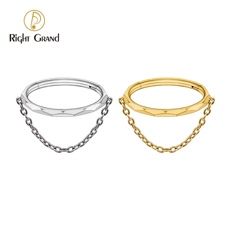 Right Grand ASTM F136 Titanium 16G Chained Hinged Segment Helix Conch Hoop Ring Faceted Cut Septem Clicker Body Jewelry