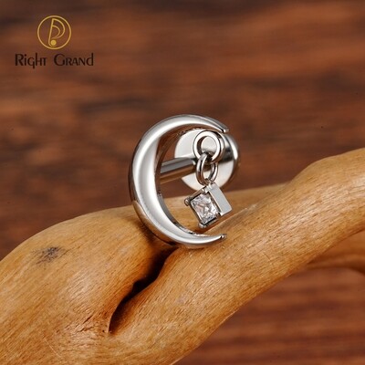 Right Grand ASTM F136 Titanium 16G  Internal Threaded CZ Moon Cartilage Earring Tiny Crescent Moon CZ Dangle Helix Tragus Conch Stud Ear Piercing