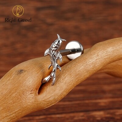 Right Grand ASTM F136 Titanium Internal Threaded Koi Fish Cartilage Earring Tiny Tragus Stud Helix Conch Flatback Piercing 16G Animal Body Jewelry