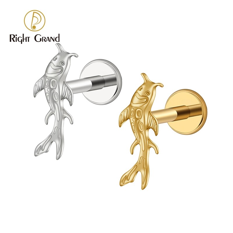 Right Grand ASTM F136 Titanium Internal Threaded Koi Fish Cartilage Earring Tiny Tragus Stud Helix Conch Flatback Piercing 16G Animal Body Jewelry